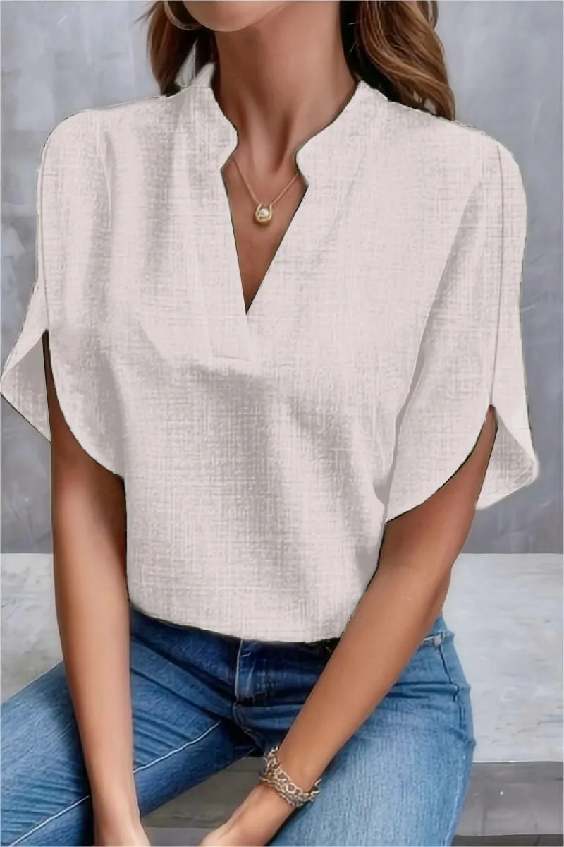 Summer Casual V-neck Shirt Blouse Women Fashion Pure Color Short Sleeve Shirts For Women 2024 Office Ladies Elegant Blouse Tops