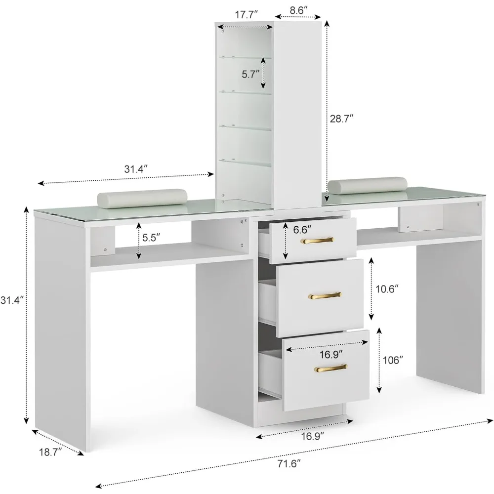 Double Manicure Table, Nail Desk for Nail Tech w/Glass Top & Wrist Rest, Nails Beauty Workstation w/3 Storage Drawers