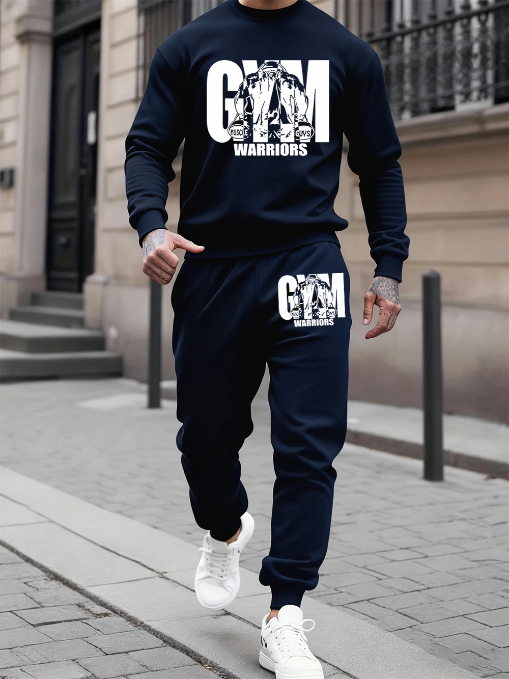 

2 Pcs Hoodies Set Men'S Gym Warriors Muscle Guys Printed Sweatpants Autumn Crewneck Loose Jogging Outfits Casual Fleece Clothes