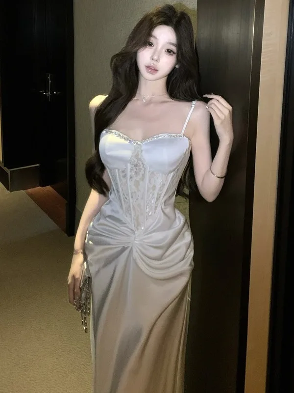 Robe blanche à bretelles, broderie lourde, Fibone, moulante, jupe d'anniversaire pour femmes, saison d'été, événement de bal