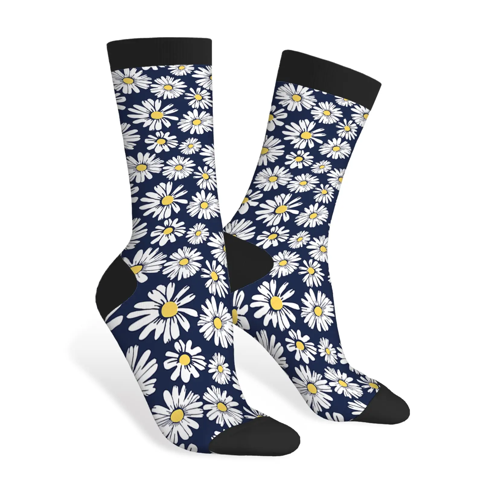 White Daisy Funny Socks Flower Print Pattern Summer Chamomile Novelty Casual Crew Socks Contrast Color Design For Women Men Gift