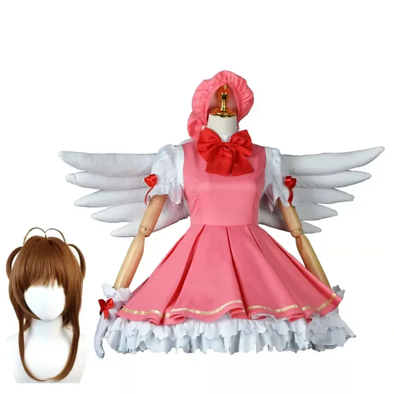 Anime Card Captor Kinomoto Sakura Clow Magician Cosplay Costume Wig Red White Combat Uniform Women Dress Halloween Clothing NM35