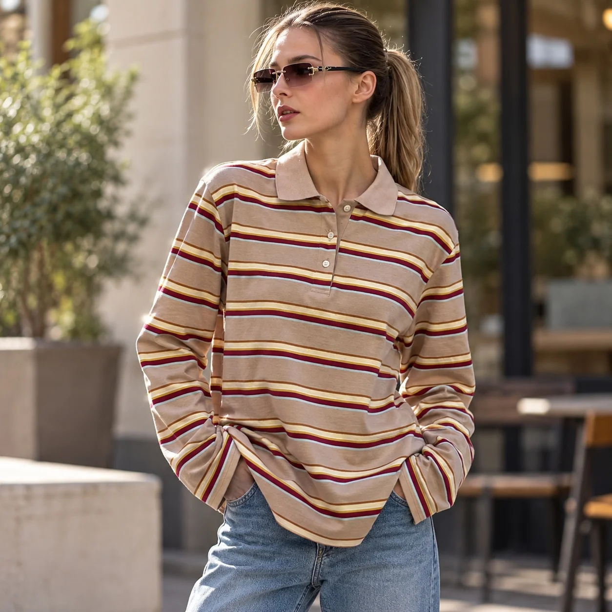 Striped Loose Fit Top with Loose Cut Literary Retro Spring Plaid Daily Long Sleeve Casual Mid Length Polo Collar Women T Shirt