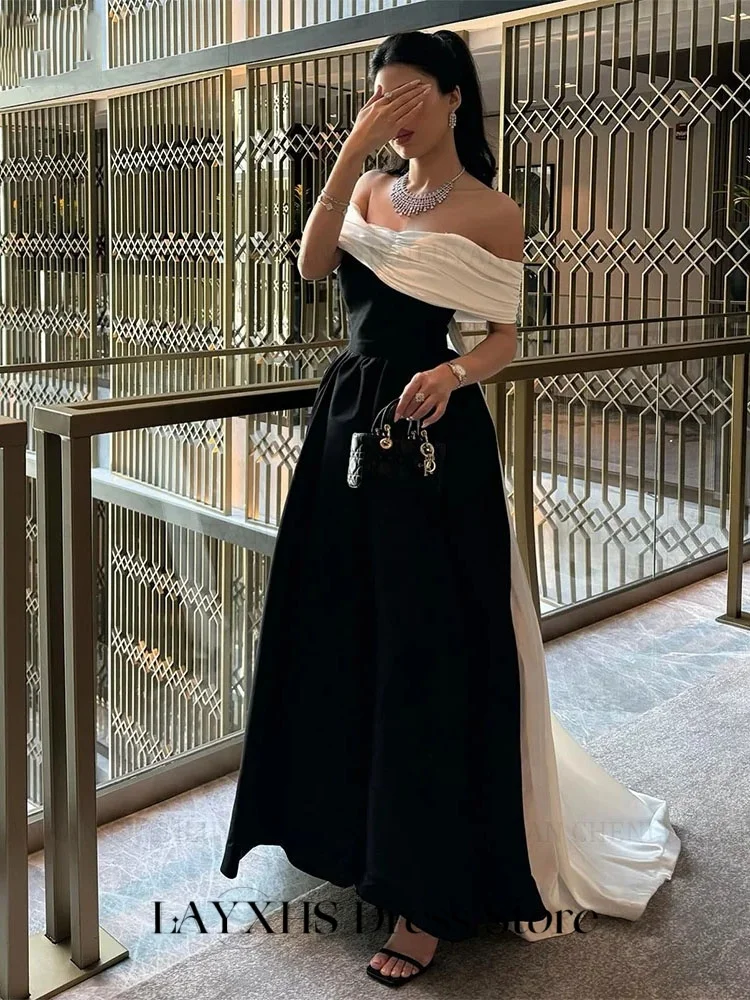 LAYXHS Elegante avondjurken Zwart wit Uit de schouder A-lijn Hofsleep Galajurken Op maat gemaakte robes de soirée