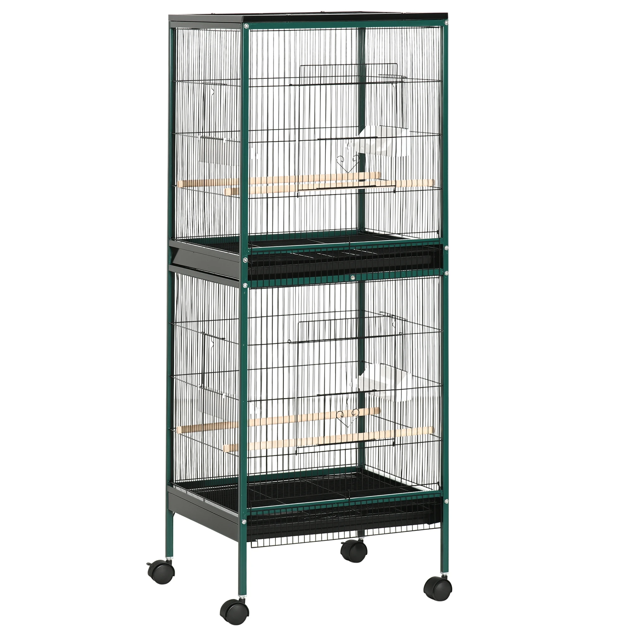 Gabbia per uccelli grande Pawut su doppio piedistallo con mangiatoie, vassoio rimovibile, posatoi - Ruote - 51,5x50x cm Nero Verde