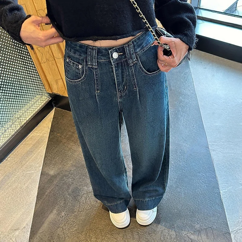 

High Waist Versatile Denim Jeans Women's Faion Spring Autumn Wide Leg Floor-Length Conceal Meat Retro Slimming Jeans