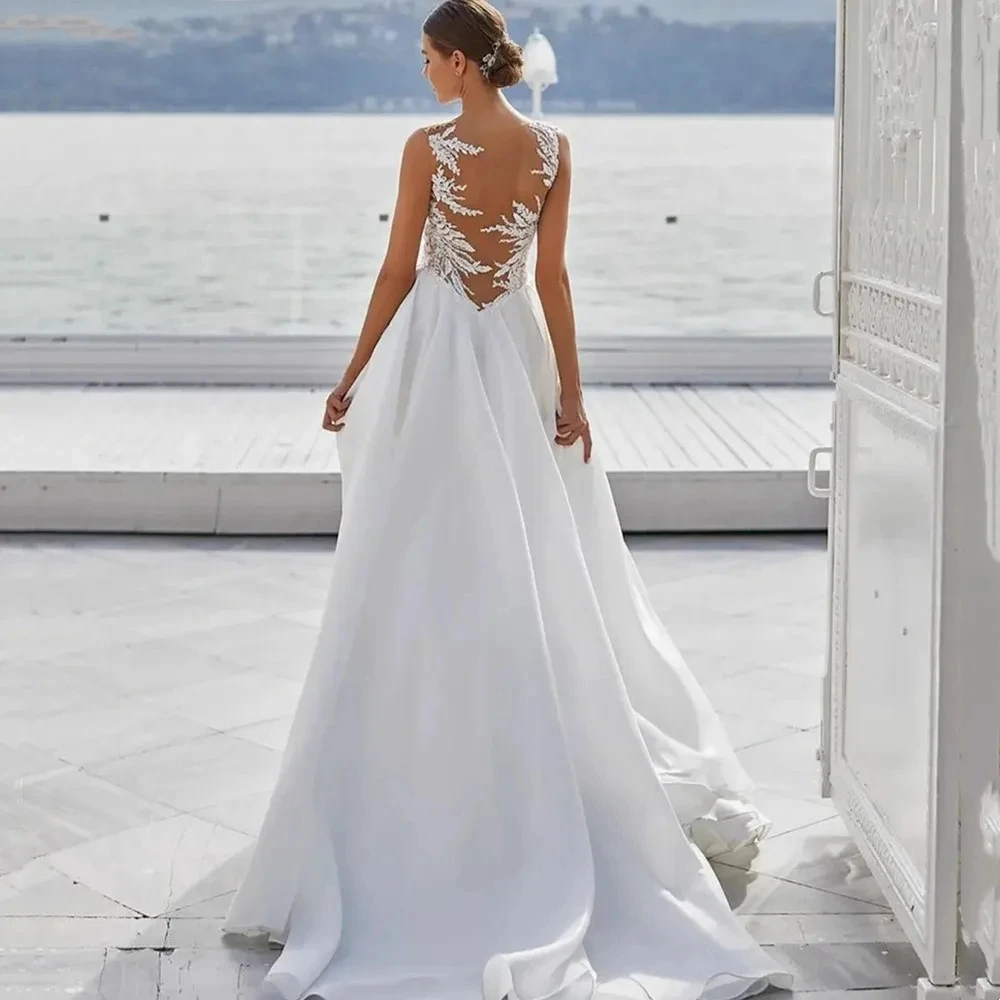 A-Line V-Neck Wedding Dresses For Women 2024 Illusion Back Bridal Gowns Satin Elegant Robes For Formal Party Vestidos De Novia