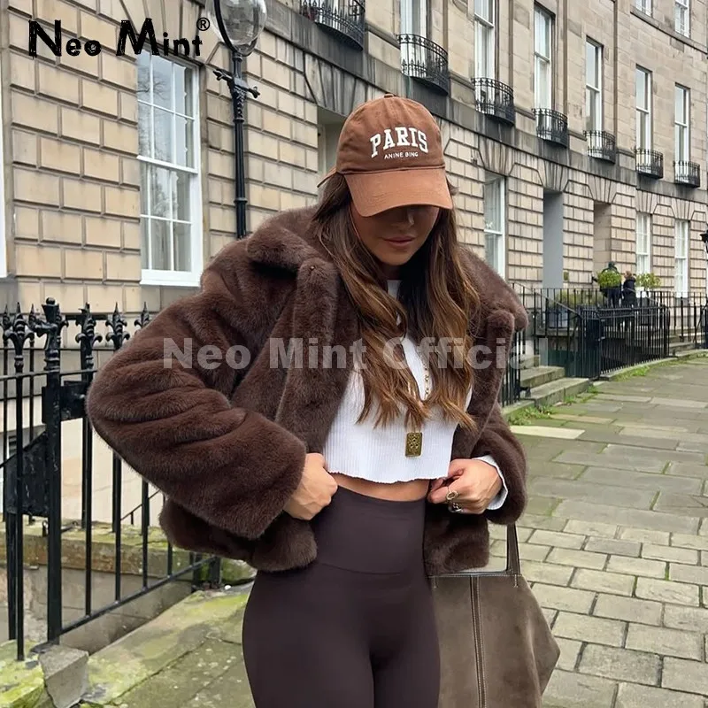 Neo mint legal rua meninas moda marrom jaqueta de pele do falso feminino luxo falso casaco de pele de vison 2025 outono inverno quente curto casaco