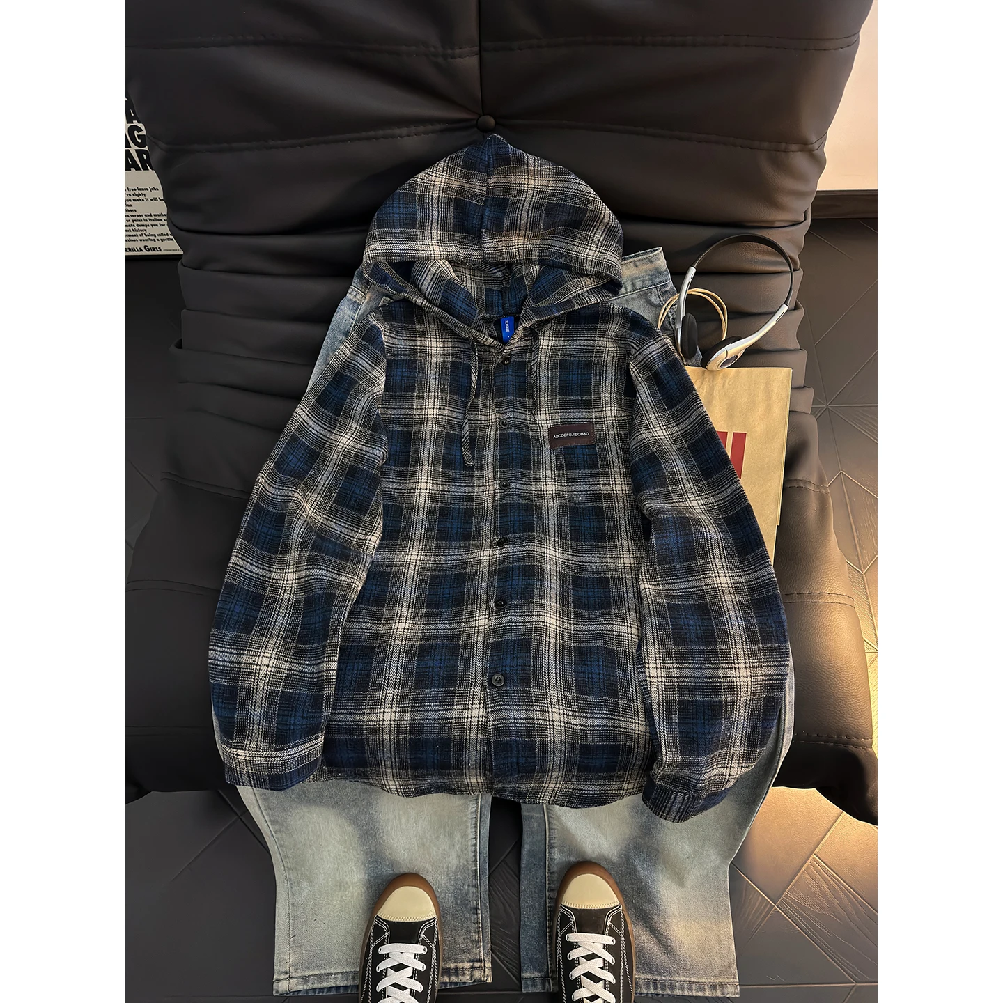 

American Sle Color Blo Plaid Hooded irt Men's Spring Autumn Vintage Lazy Street Loose Couple Casual irt