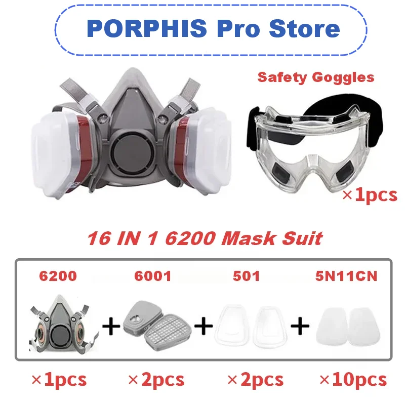 

Многофункциональный респиратор 16-в-1 6200 с фильтрами от пыли и газа, промышленный полумаска-респиратор для покраски и распыления с защитными противотуманными очками, безопасный