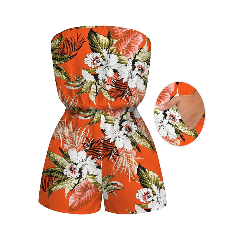 

Women's New Beach Vacation Romper Tropical Floral Palm Leaf Print Pocket Off the Shoulder Romper