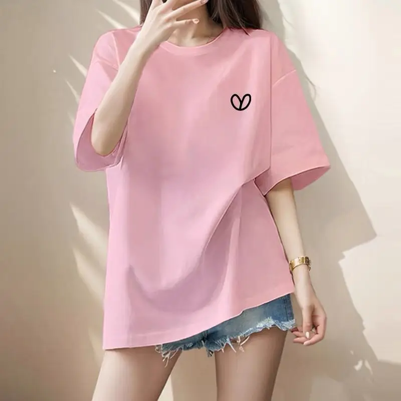 Women's Clothing Vintage All-match Pure Cotton Short Sleeve T-shirts Summer Casual Loose Chic Little Love Top Tee Lady Pullovers