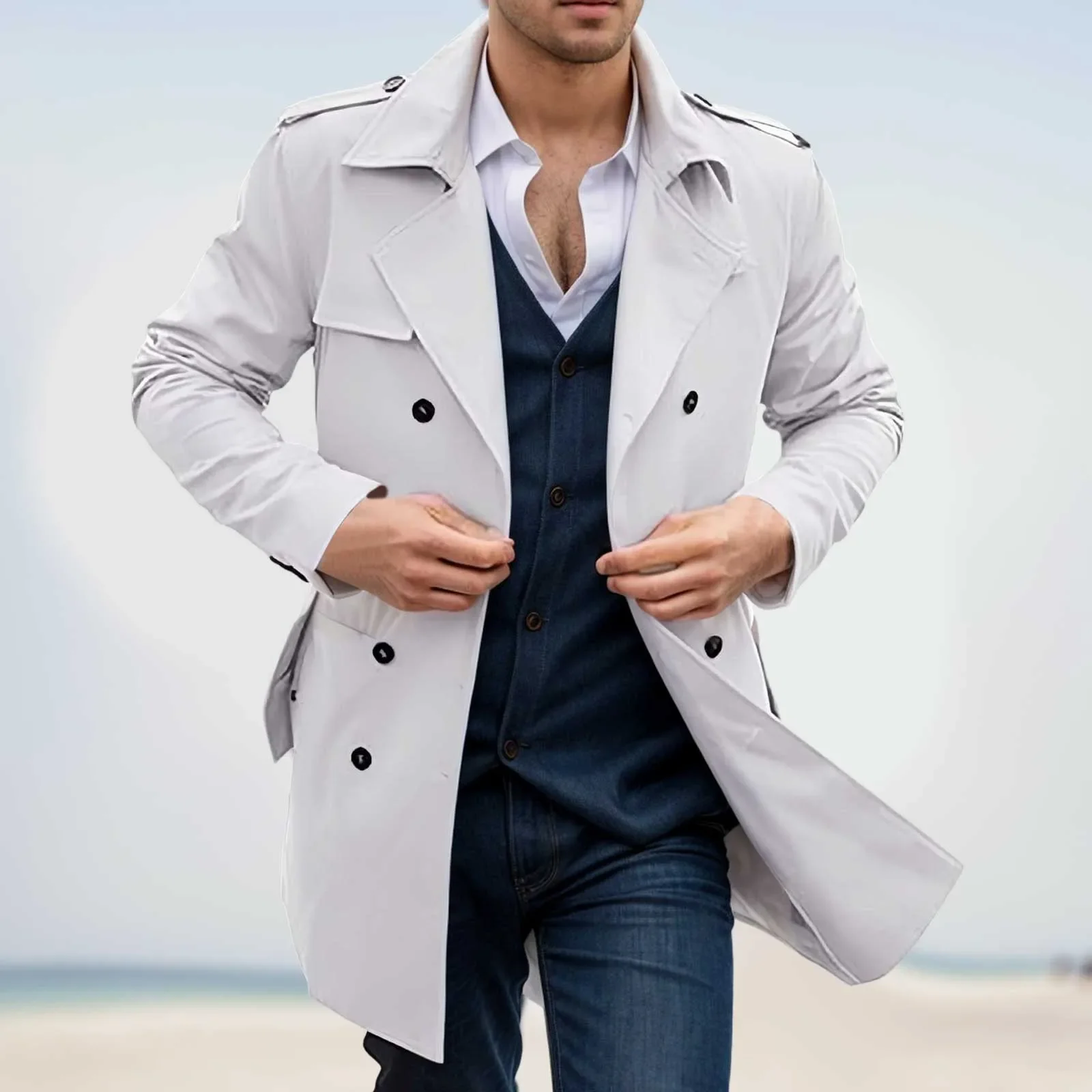 Fashion Classical Men's Woolen Jackets Autumn Winter New Lapel Double Button Windbreaker Trench Coat Belt Cold Mid-Long Overcoat