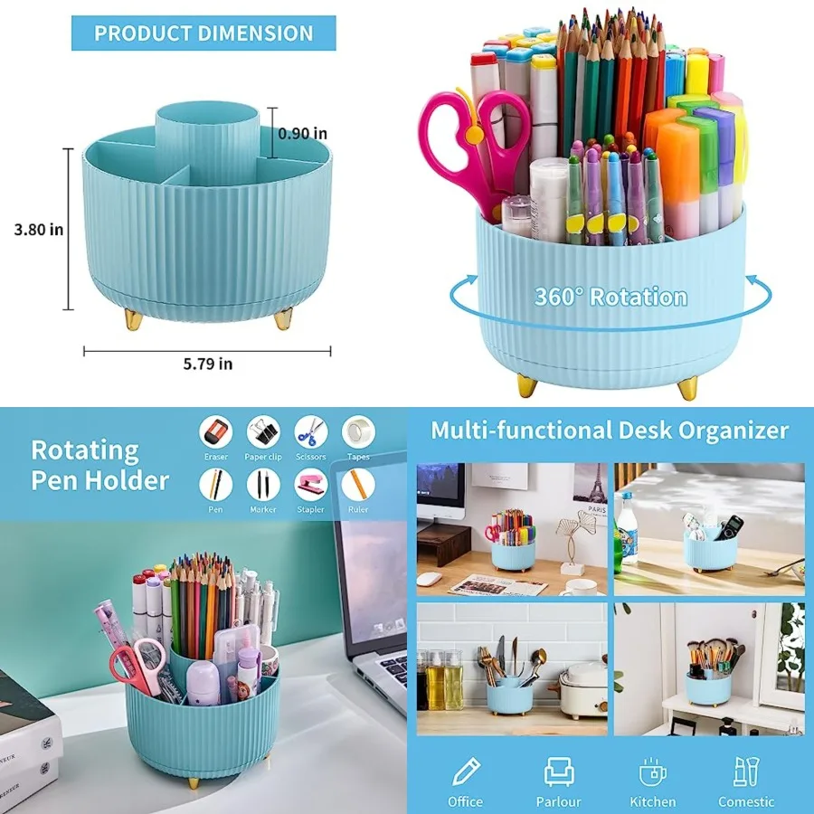 

Desk Organizer 360-Degree Rotating Pen Holder Desk Organizers and Accessories with 5 Compartments Pencil Holder Art Supply Stor