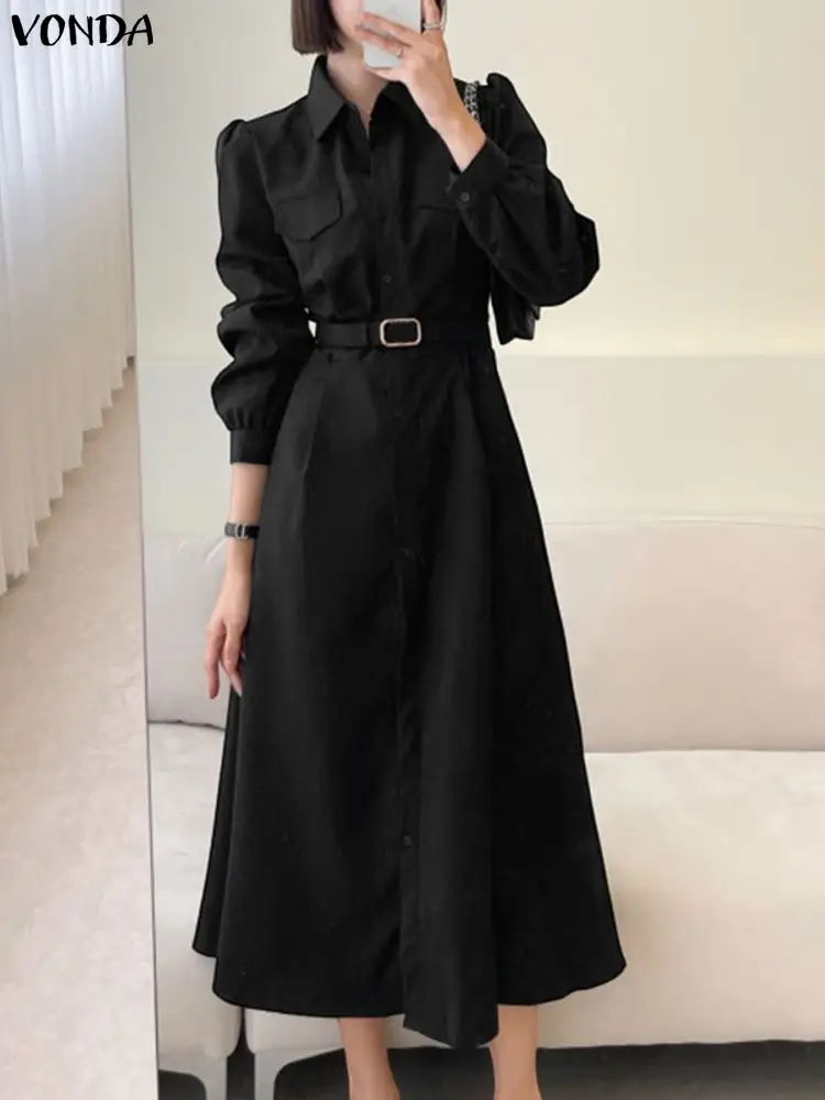 VONDA – Robe chemise longue élégante pour femmes, manches longues, revers, mi-longue, sans ceinture, boutons décontractés, couleur unie, mode automne, Robe de soirée