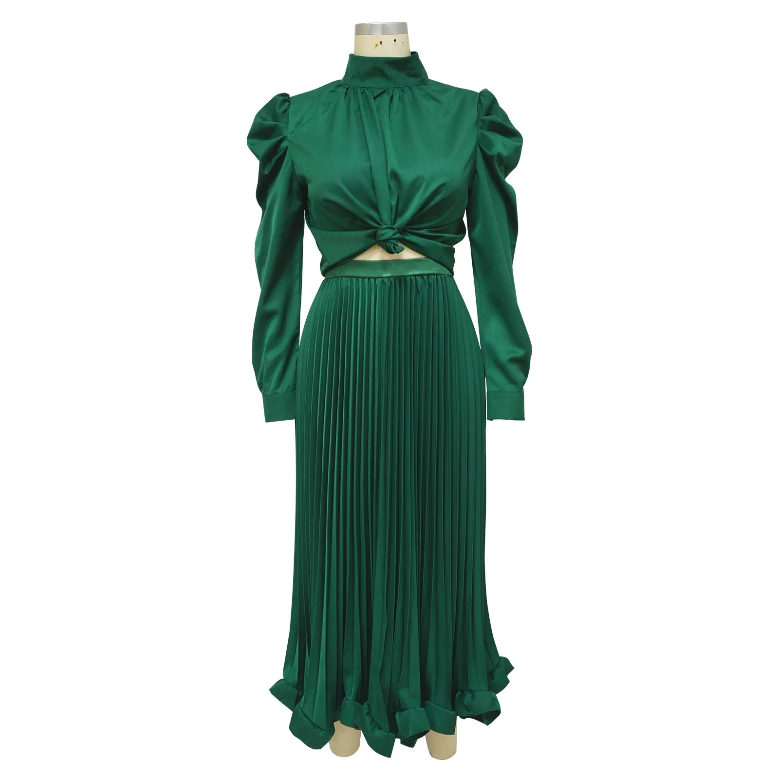 

Халат с высоким воротом, комплект из двух предметов, модное плиссированное вечернее платье больших размеров, женский комплект, осенний новый однотонный топ с объемными рукавами и рюшами