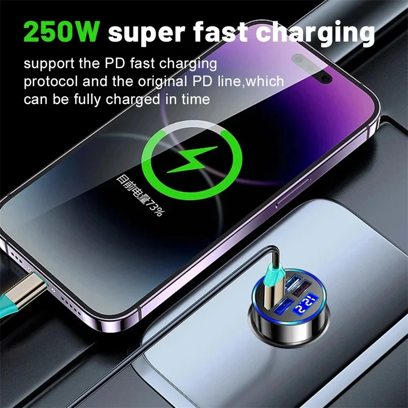 250W PD USB Car Charger Fast Charging Type C USB Phone Adapter in Car For iPhone 13 Pro Xiaomi Huawei Samsung Car Quick Charger