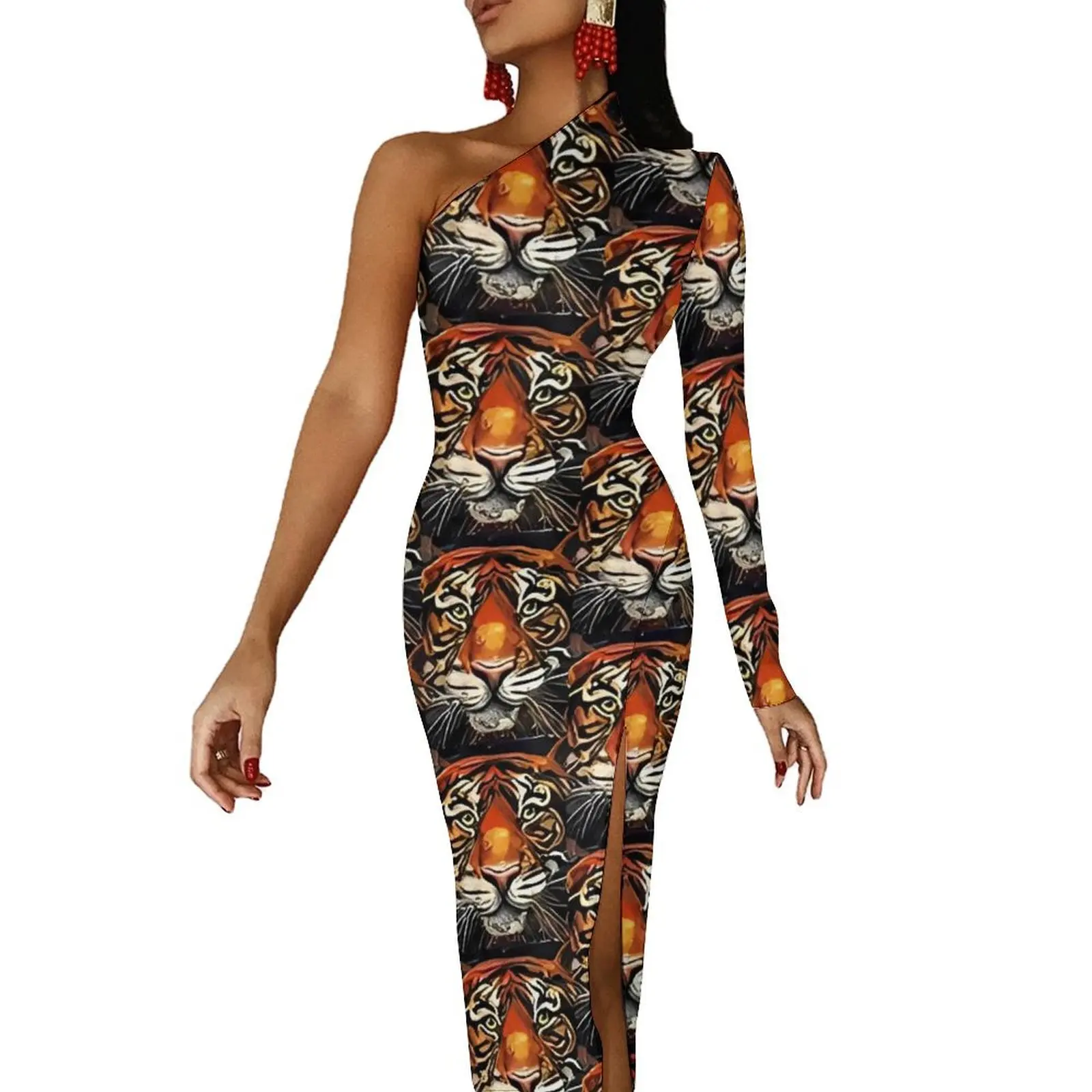 Abstract Tiger Art Print Maxi Dress Long Sleeve  Aesthetic Bodycon Dresses Autumn Cute Dress Ladies Graphic Clothing