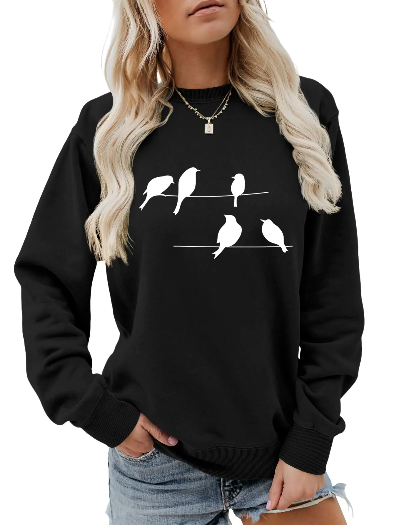 Autumn and winter round neck hoodie five birds printed new loose casual long-sleeved top