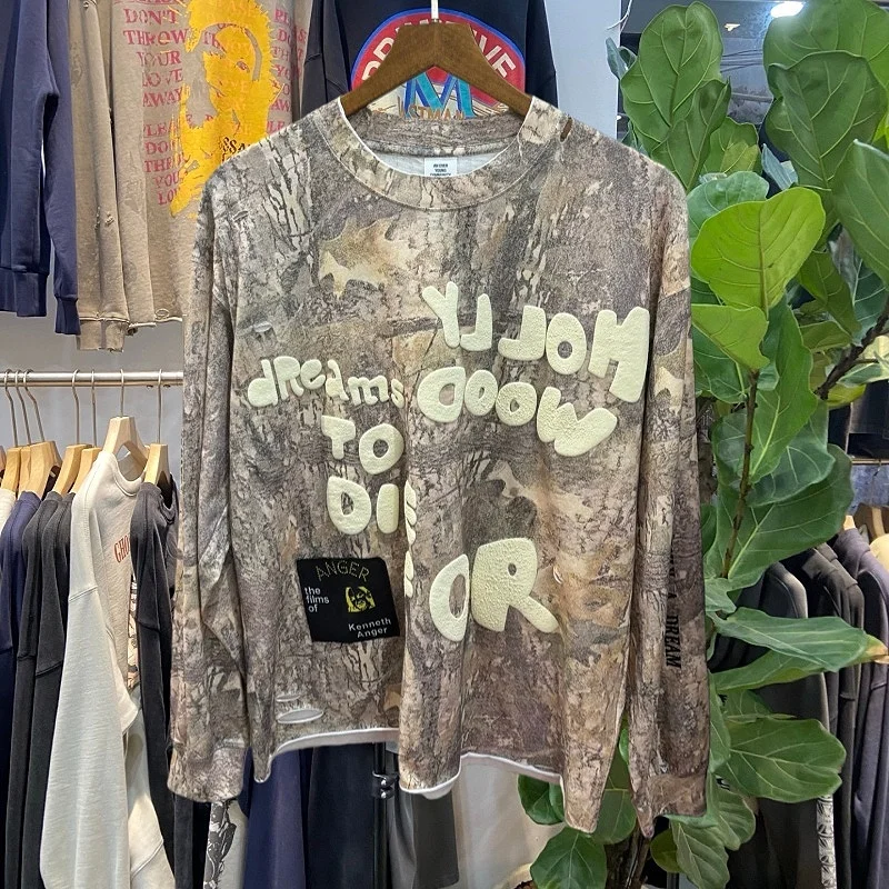 

Retro American Vintage Long Sve Camouflage T-irt Loose Fit Men's Trendy Brand Letter Print Casual Cotton Top