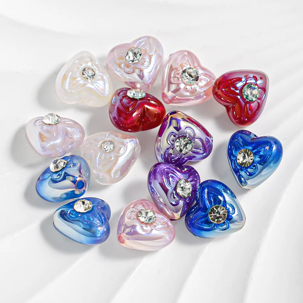 

Trendy New Bright Pearl Acrylic Love Heart Spacer Beads With Crystal Rhinestone Core Decorated Fit Bracelet Necklace 10*mm 60pcs