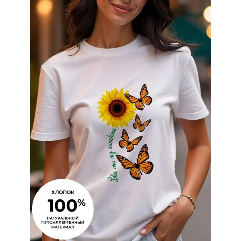 Floral Pattern Printed Short-Sleeved Round-Neck Casual Top Made Of Pure Cotton, Women'S T-Shirt Top