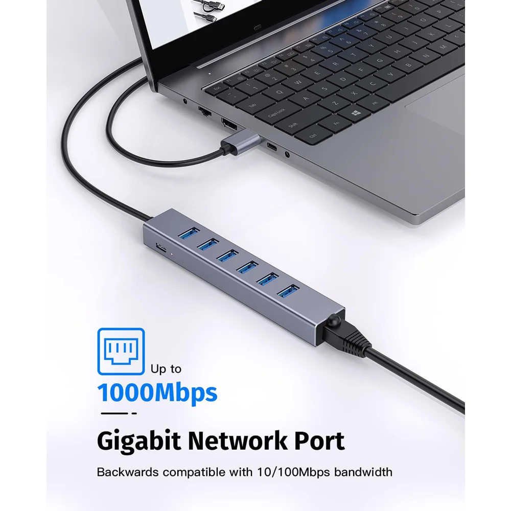 Getatek USB 3.0 Hub 8-IN-1 USB Hub with 6 USB 3.0 Port 5V Extra Power Gigabit Ethernet Port for Laptop Drive HDD Printer Mouse