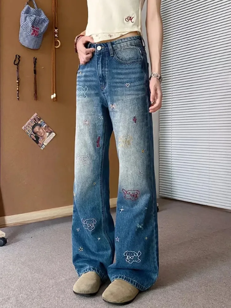 French Elegant Sweet Cute Graphic Embroidery Jeans Women Casual High Waist Wide Leg Pants Summer 2024 Denim Trousers New Trend