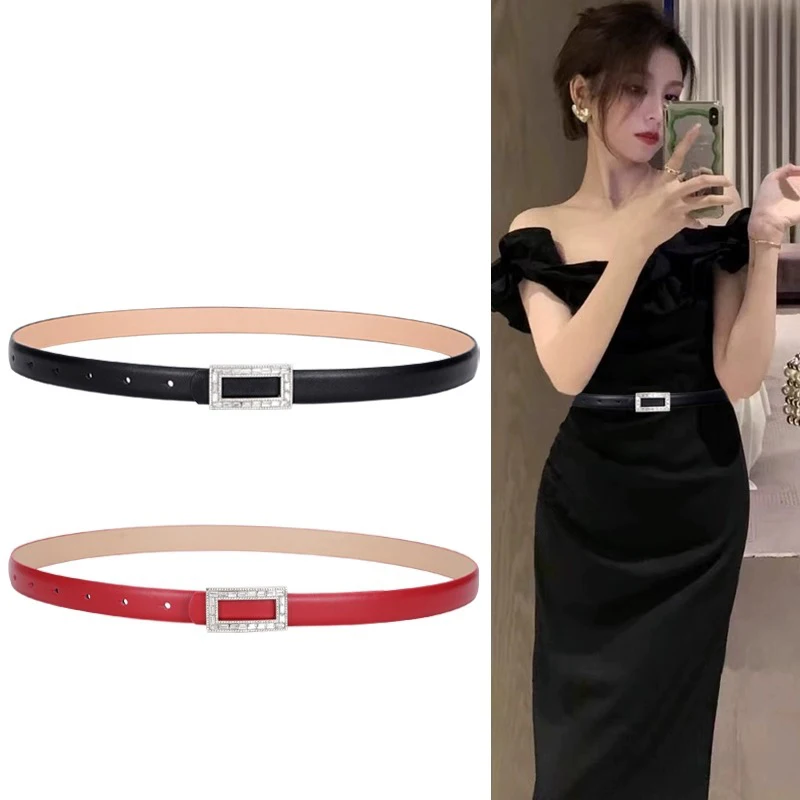 

Shiny Rhinestone Belt For Women Luxury Metal Buckle High Quality Genuine Leather Ladies Girdle Female Dress Jeans Thin Waistband