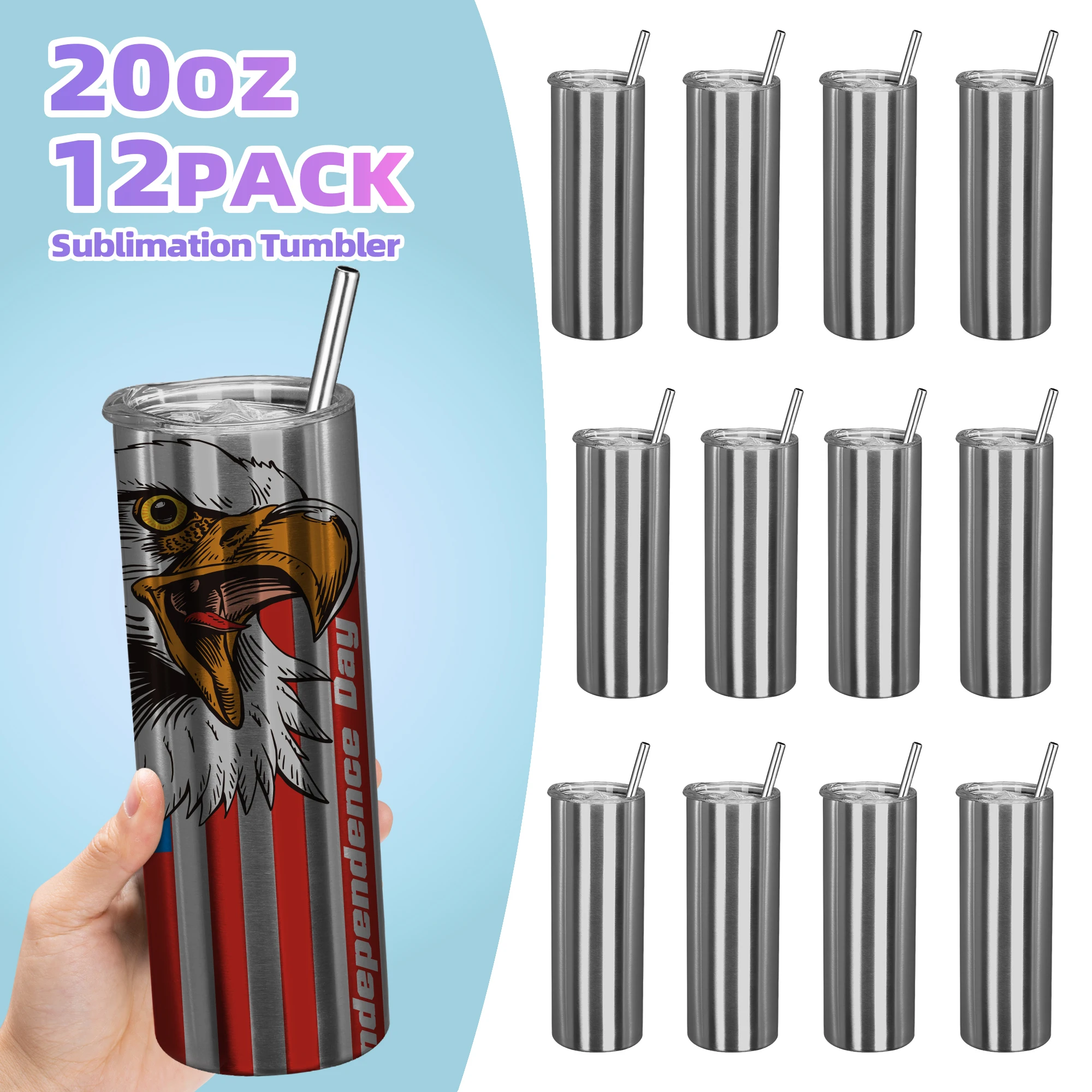 

12 Pack 20 oz Sublimation Straight Tumblers, Double wall Stainless Steel Vacuum Cup, Suitable for Handmade Hot Press Printing