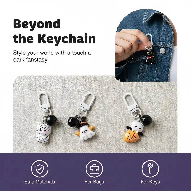 New Cartoon Ghost Mummy Halloween Resin Keychains with Bell Lovely Bag Pendant for Halloween Party Favors Children Holiday Gift