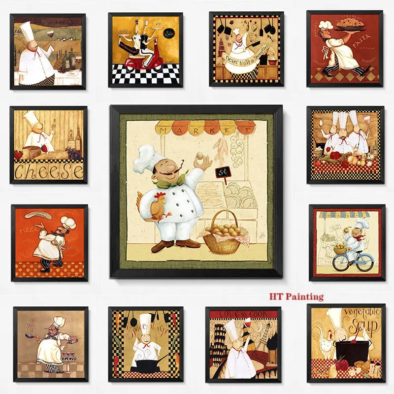 Cartoon Funny Buffet Pasta Bakery Poster Chef Cooker Collection Canvas Painting Wall Art Pictures Kitchen Restaurant Shop Decor