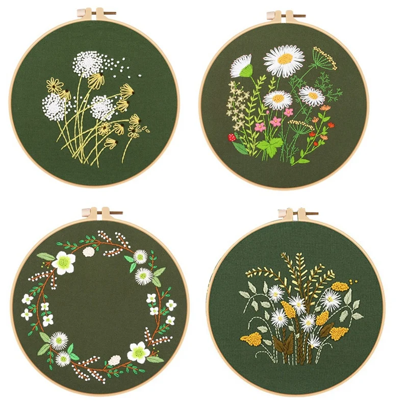 4 Sets Hand Embroidery Kit For Beginners Adults , Embroidery Kit Includes Flower, Hoop, Color Threads, Tools, Durable