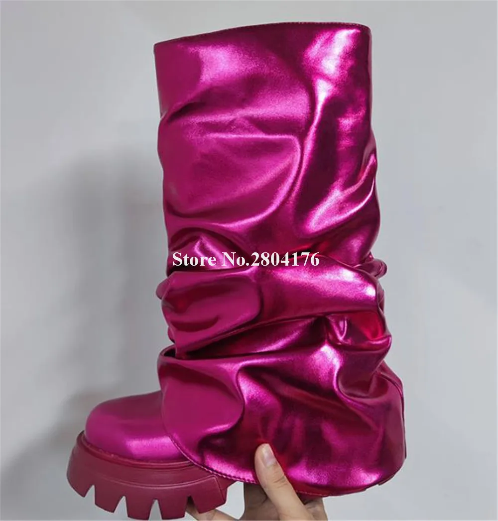 Western Fashion Pink Gold Silver Folded Platform Mid-cald Boots Winter Round Toe Thick Heel Short Boots