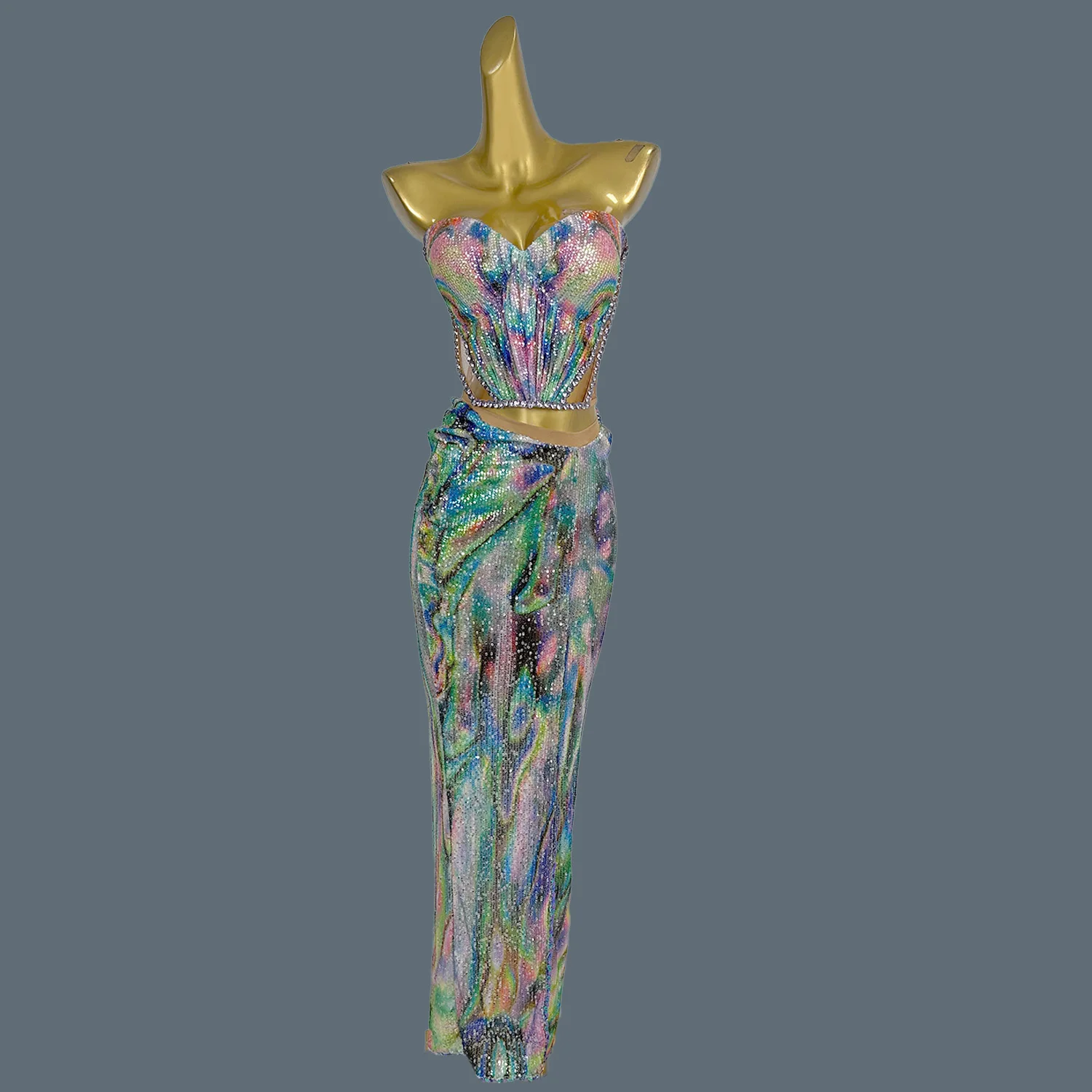 Vestido largo ajustado colorido, traje Streamer Bar, traje de Fiesta Temática, vestido de evento de LICRA con lentejuelas y diamantes de imitación para mujer, Huancai