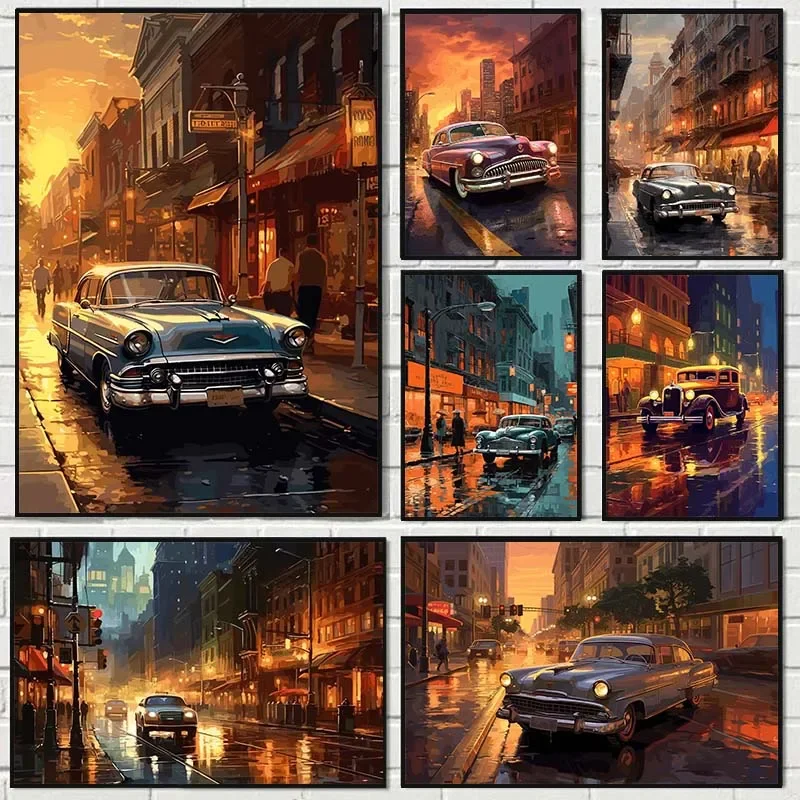 Vintage Car Japanese Poster Retro Painting Street Canvas Printing Poster Wall Art Decoration Hanging Picture Home Art Decor