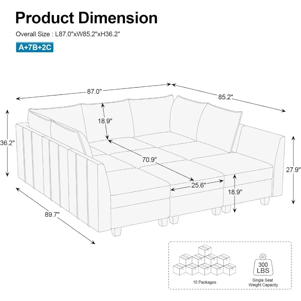 Large Modular Sectional Sofa with Storage, 9 Seats, Sleeper Sectionals Couch for Living Room, Chenille Sectional Sofa Bed