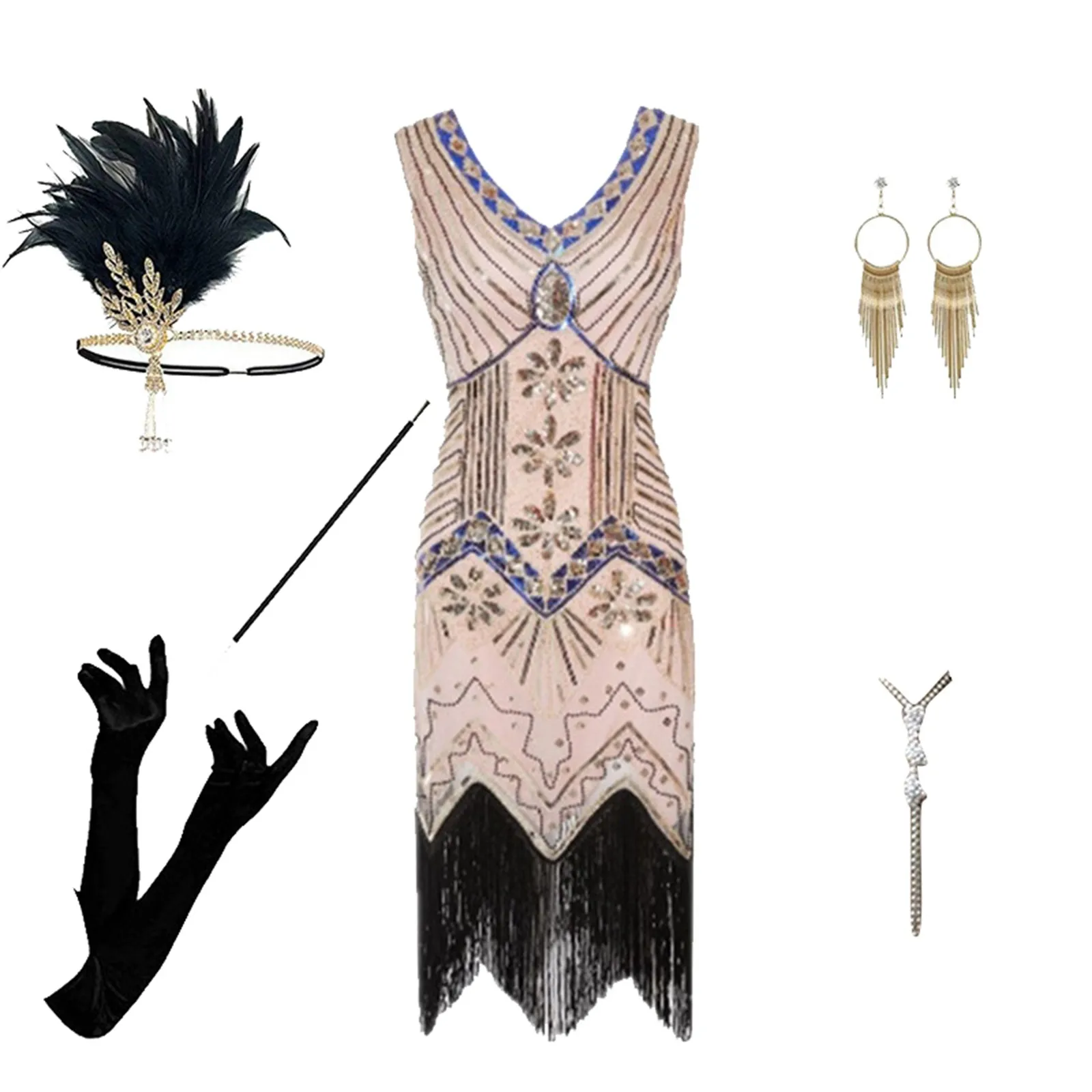 Vintage 1920s Flapper V-neck Double Tassel Dress Great Gatsby Cosplay Costume Cocktail Party Charleston Dance Sequin Stud Dress