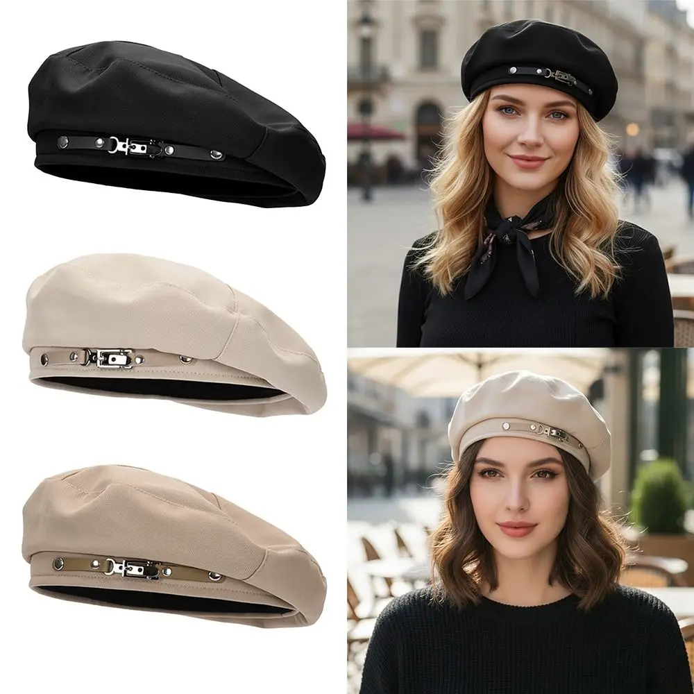 Korean Version Metal Buckle Retro Beret Cap Solid Color Warm Painter Hat Face Little Women Beret Women Girls Wear