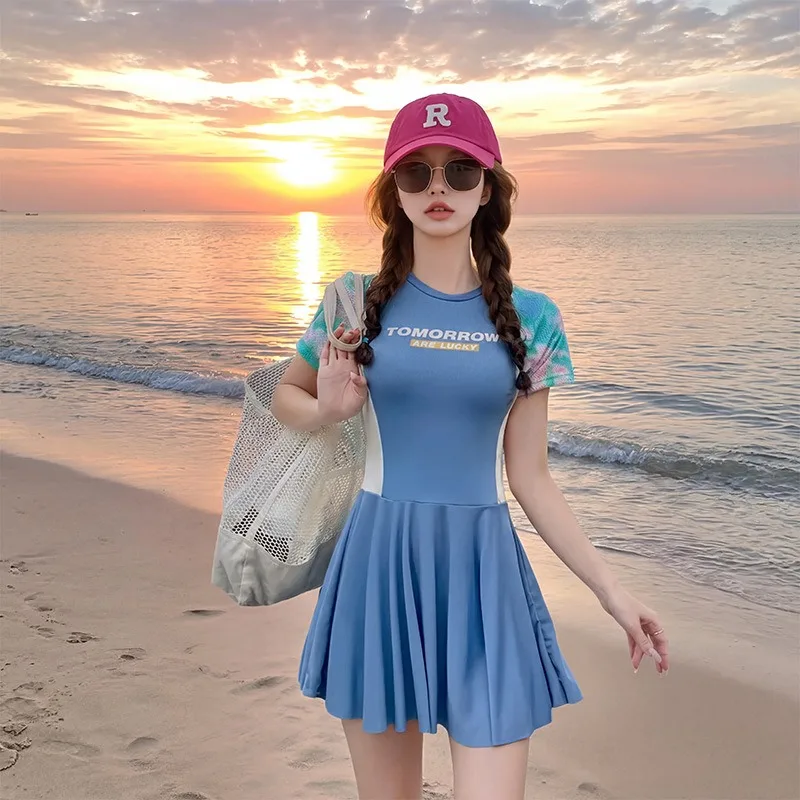 Sporty Color Block Tie Dye Short Sleeve Skirted One Piece Swimsuit Letter Print Athletic Swim Dress for Women Beach Sunset Pool