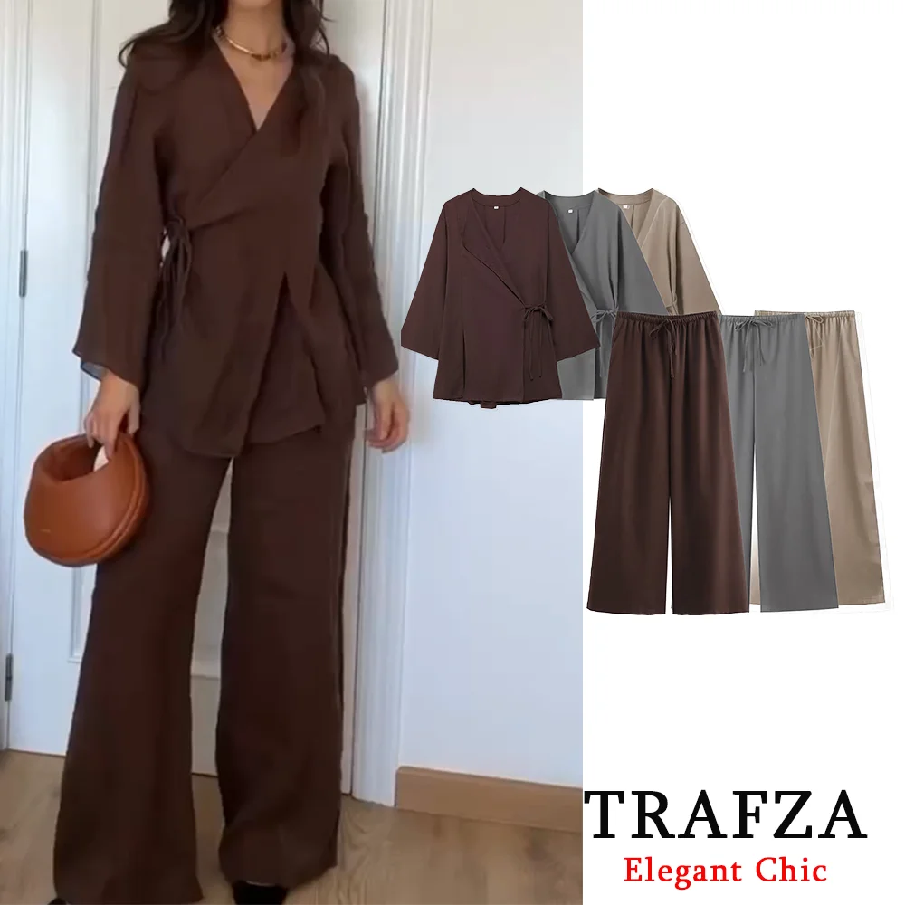 TRAFZA Casual Chic Solid 2 Piece Women Set Fashion 2024 Summer Long Sleeve Kimono Crossover Jacket+Pants NightWear Suit