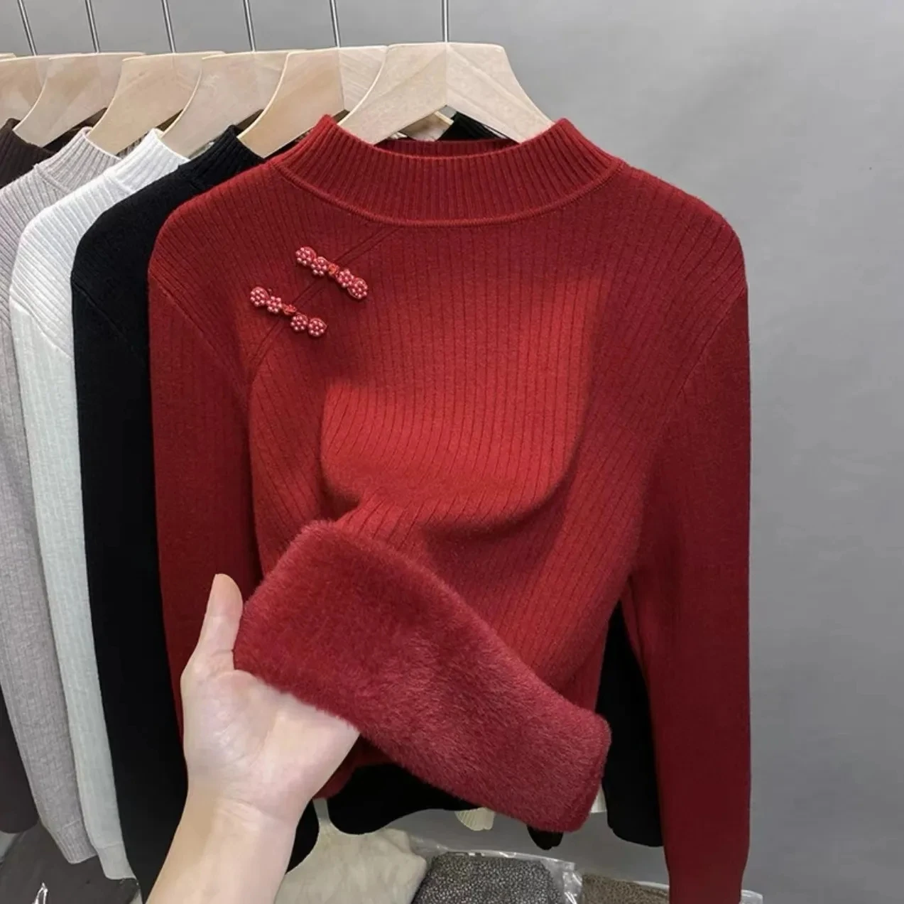 Warm Sweater Pullover Winter Soft Knit Tops Women Slim Thicke Plush Velvet Lined Knitwear Jumper Korea Half Turtleneck Knit Tops