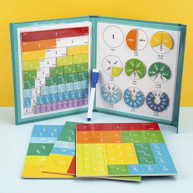 เด็กเศษส่วนแม่เหล็กการเรียนรู้ของเล่นคณิตศาสตร์ไม้เศษส่วนชุดเด็กเลขคณิตการเรียนรู้ของเล่นเพื่อการศึกษาการสอน Aids