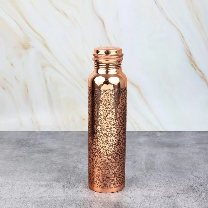 Vintage Embossed Copper Water Bottle 1L Handmade Leak‑Proof Copper Drink Vessel For Yoga Home Decor