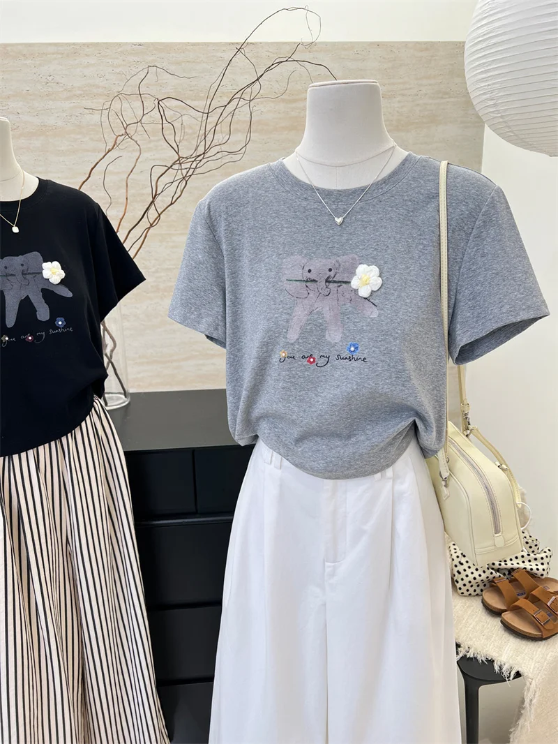 

Корейская стильная антивозрастная футболка с коротким рукавом для женщин, лето 2024, новинка, универсальный топ в студенческом стиле с принтом слона, хлопок INS