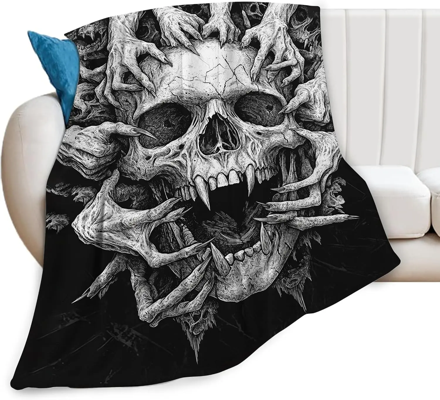 Vintage Dark Sketch Monster Skull Sharp Nails Art Pattern Comfortable Fleece Blanket Fit Couch Bed Punk Halloween Household
