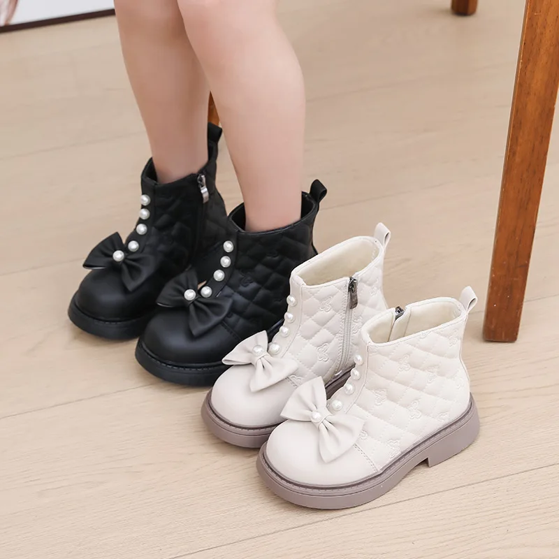 

Autumn Winter Girls Leather Boots 2025 Soft Soled Kids Fashion Plaid Princess Bowknot Non-slip Outdoor Children Ankle Booties