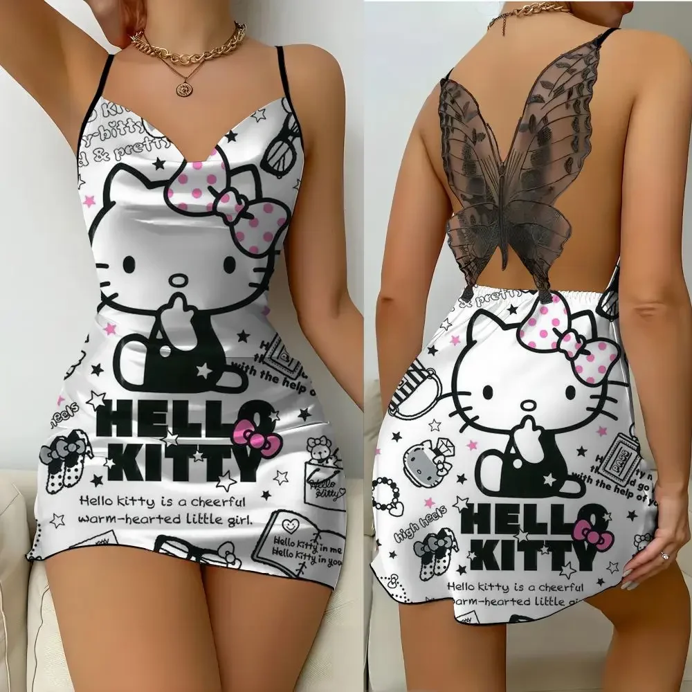 Sukienka do spania z nadrukiem Hello Kitty, moda 2025, letnia, damska, casualowa, elegancka, z odkrytymi plecami, satynowa, wygodna spódnica.