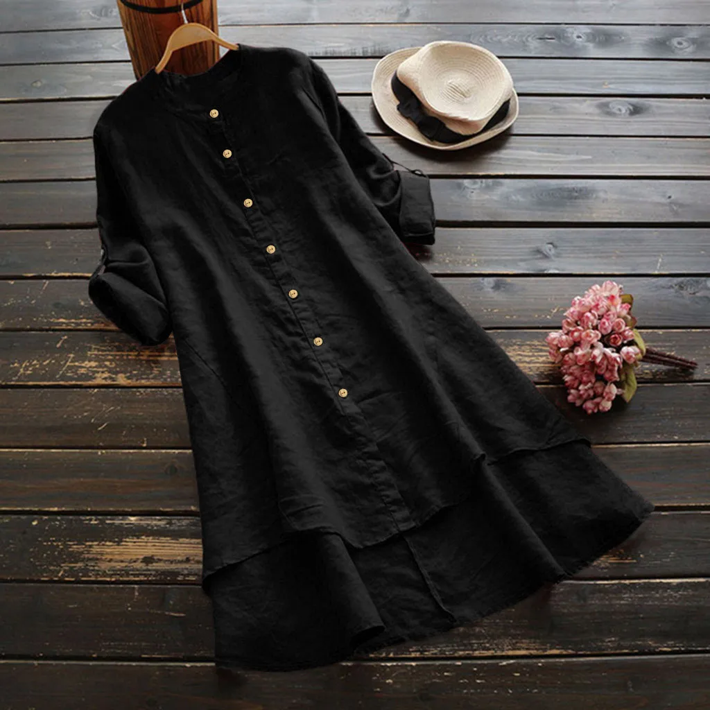 Cotton Linen Shirt Dress For Women Soild Long Sleeve Dresses Casual Loose Button Dress Crewneck Long Blusas Mori Girl Clothes