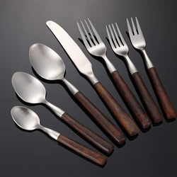 Stainless Steel Cutlery Set Imitation Wooden Handle Sliver Western Dinner Knife Forks Spoon Table Decoration Accessories